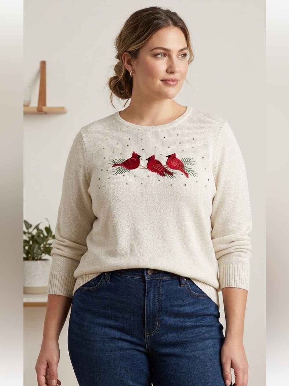 Vintage Style Cardinal Bird Sweater‎ XL Shimmer Knit Grandmacore Winter